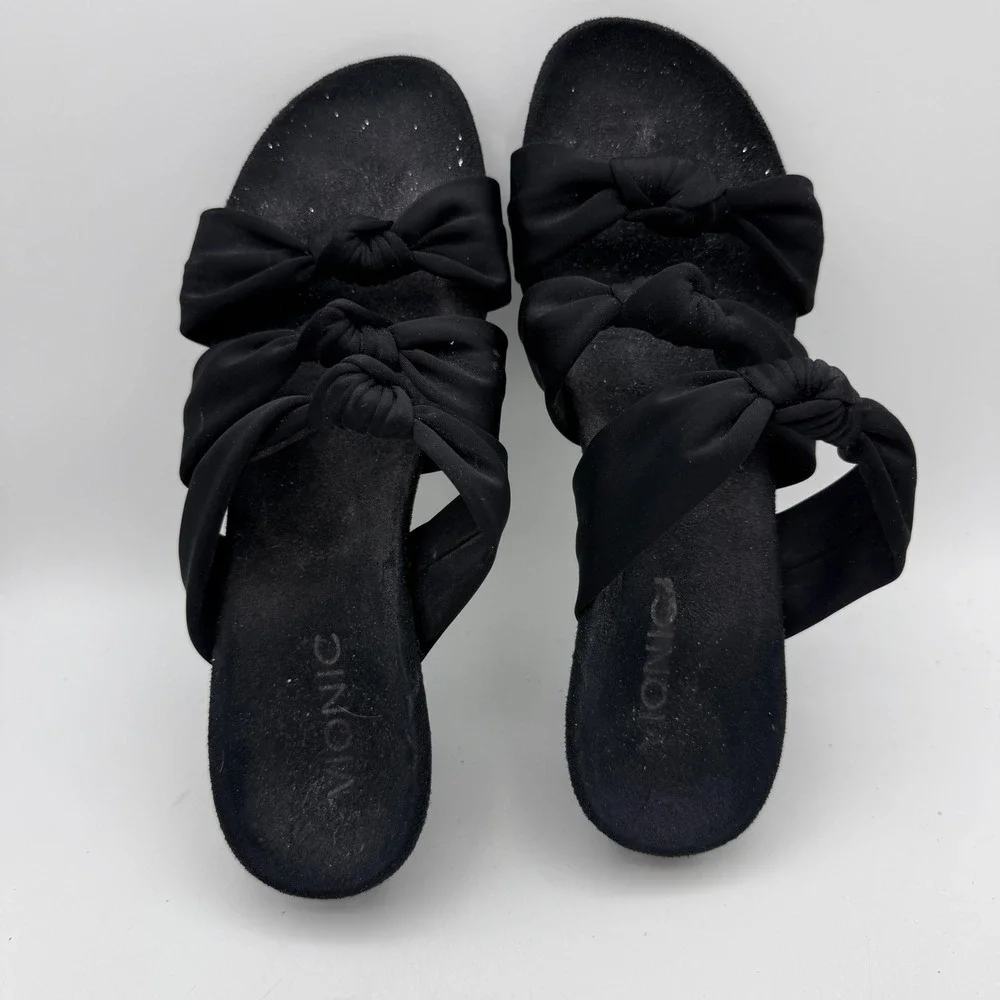 Vionic‎ Wedge Sandals Women 7 Black Triple Knot Strap Slide Orthotic Heel